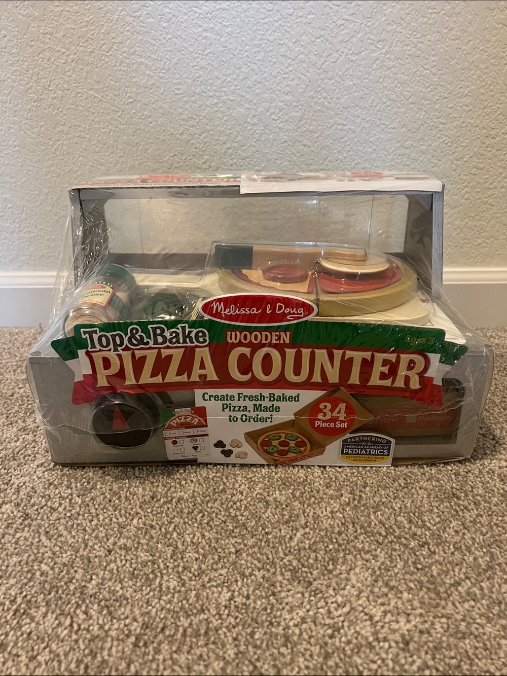 Melissa & Doug Wooden Pizza Counter Playset - Red, Green, Natural Wood